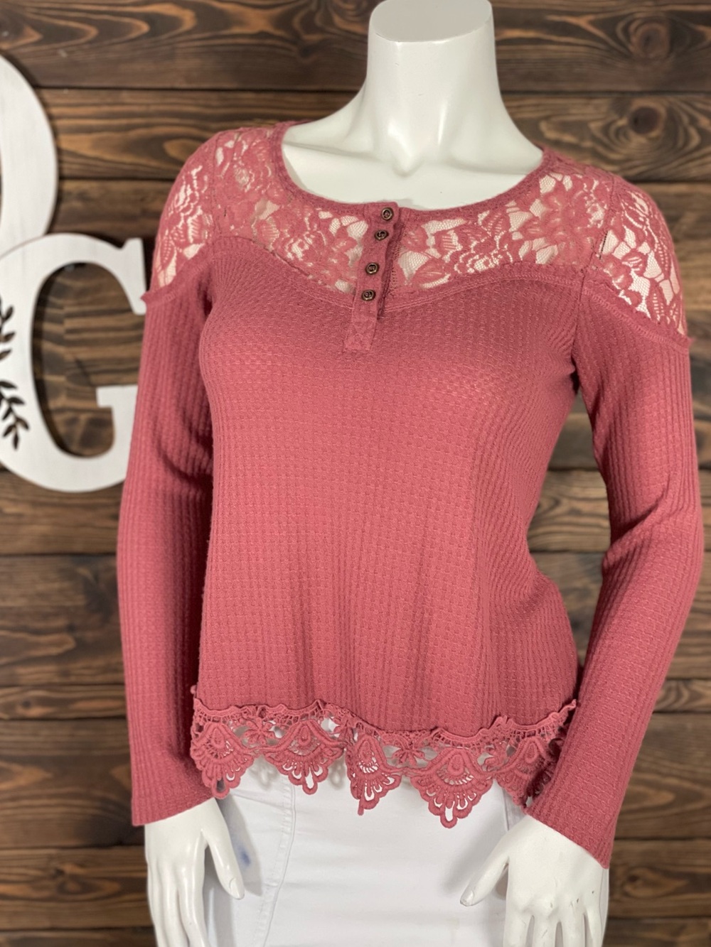 Clover‎ + Scout Lace Yoke Waffle Knit Thermal Henley Top Dusty Rose Crochet Lace
